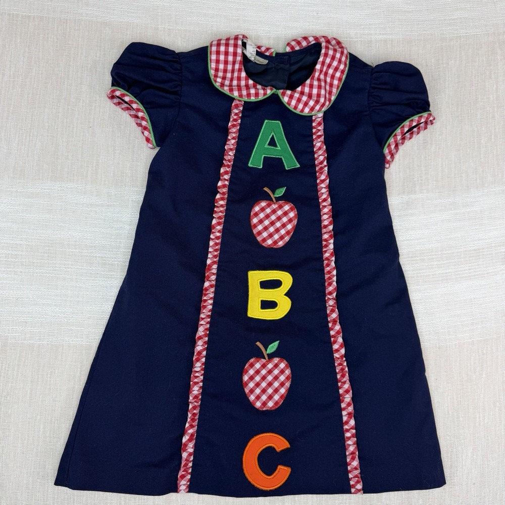 Marco & Lizzy Girls Dress Sz 4 Navy Blue ABC Apple Applique Red Gingham Ruffle